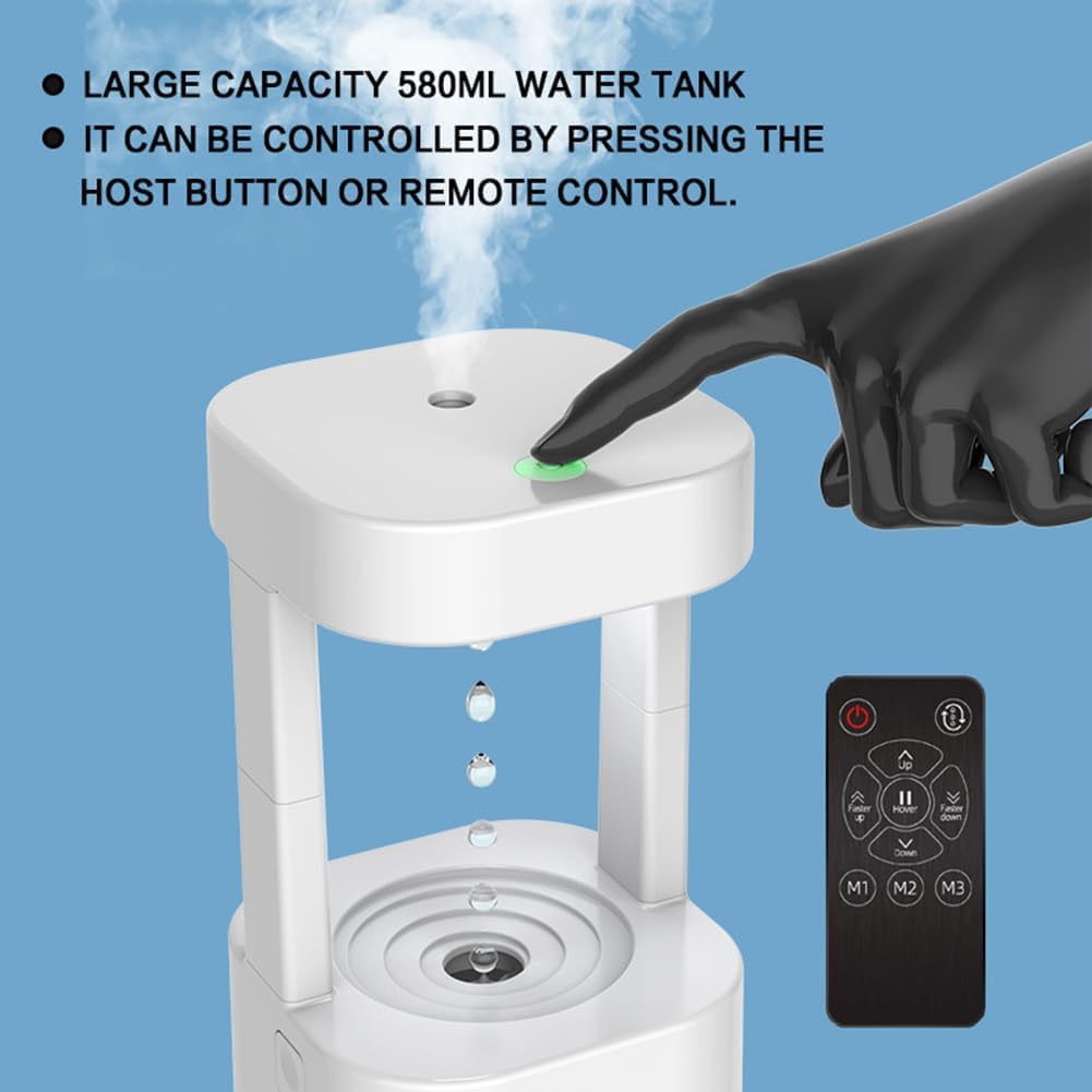 580ml Anti-Gravity Water Drop Humidifier – Desk Humidifier with LED Lights & Remote, Raindrop Desktop Fountain with Relaxing Water Sound for Home & Office