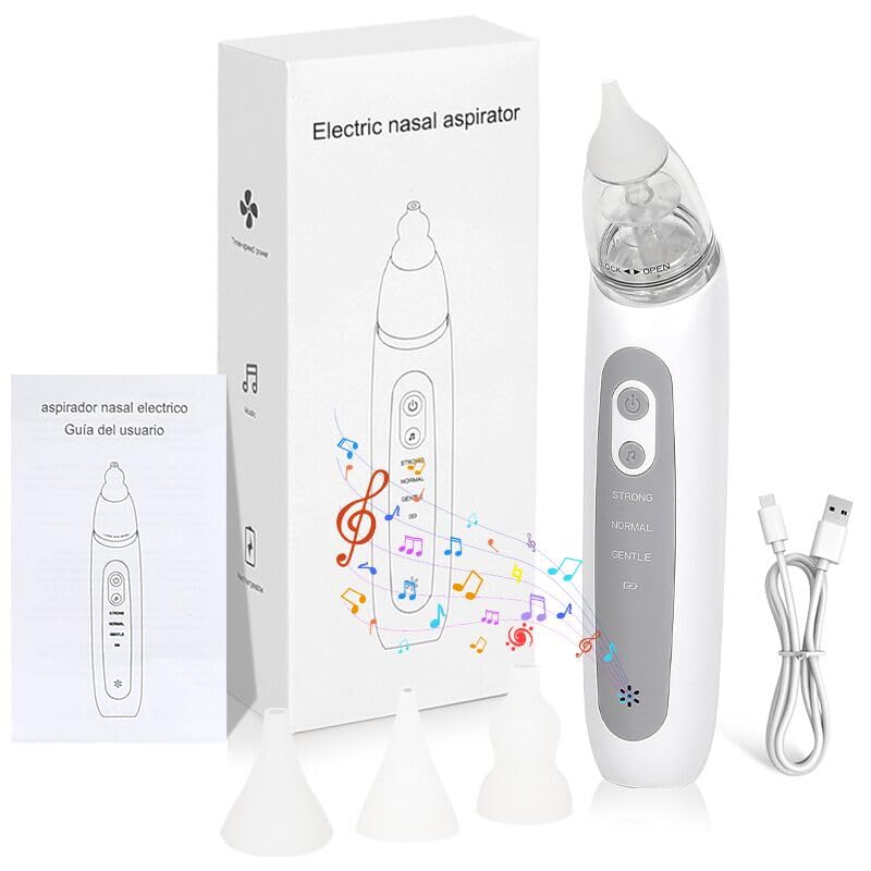 Nasal Aspirator Baby Electric, Baby Nose Sucker, Baby Nose Cleaner with 3 Silicone Tips & 3 Suction Levels, Soothing Function with Music and Light, Anti-Backflow Nasal Aspirator for Baby,Toddler