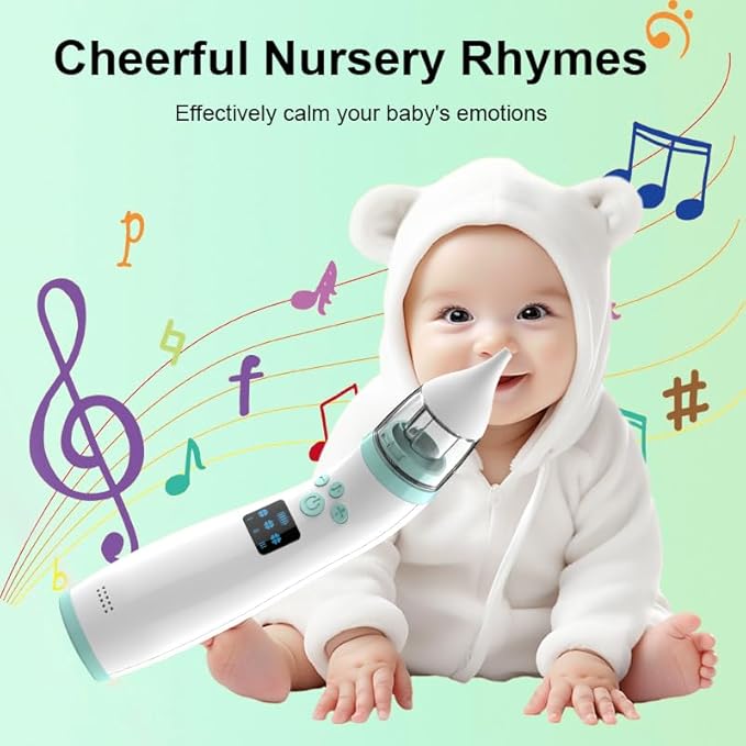 Electric Nasal Aspirator for Babies – Portable Automatic Nose Cleaner with Adjustable 3-Level Suction, Anti-Backflow Design, 2 Soft Silicone Tips, Soothing Music & Light – Baby Nose Sucker