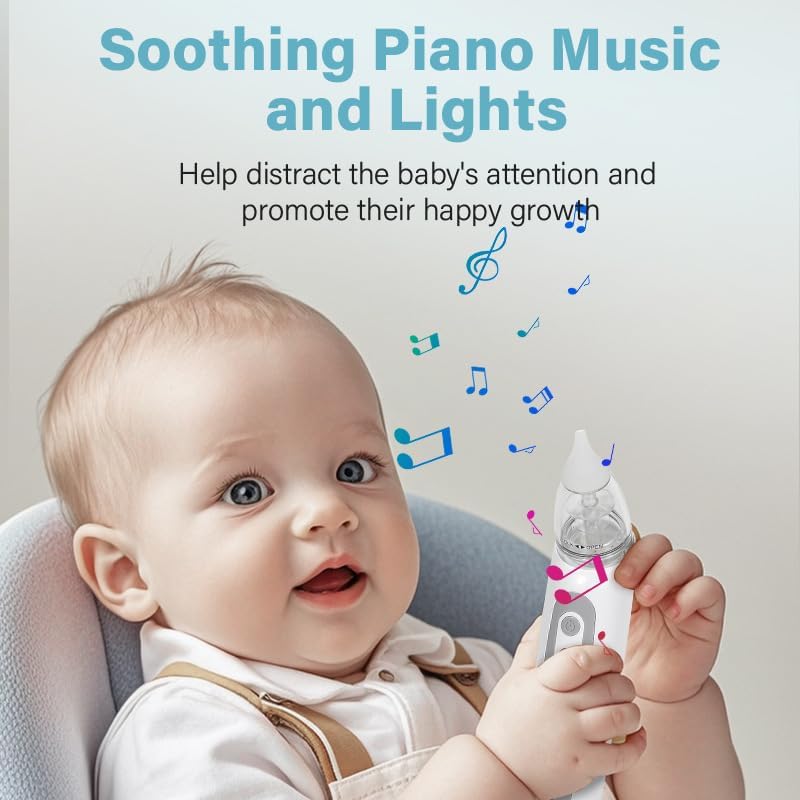Nasal Aspirator Baby Electric, Baby Nose Sucker, Baby Nose Cleaner with 3 Silicone Tips & 3 Suction Levels, Soothing Function with Music and Light, Anti-Backflow Nasal Aspirator for Baby,Toddler