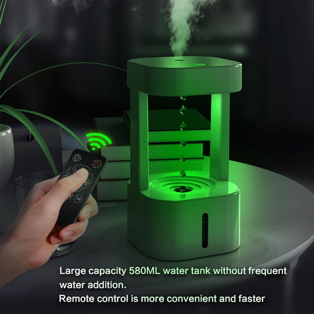580ml Anti-Gravity Water Drop Humidifier – Desk Humidifier with LED Lights & Remote, Raindrop Desktop Fountain with Relaxing Water Sound for Home & Office