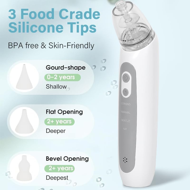 Nasal Aspirator Baby Electric, Baby Nose Sucker, Baby Nose Cleaner with 3 Silicone Tips & 3 Suction Levels, Soothing Function with Music and Light, Anti-Backflow Nasal Aspirator for Baby,Toddler