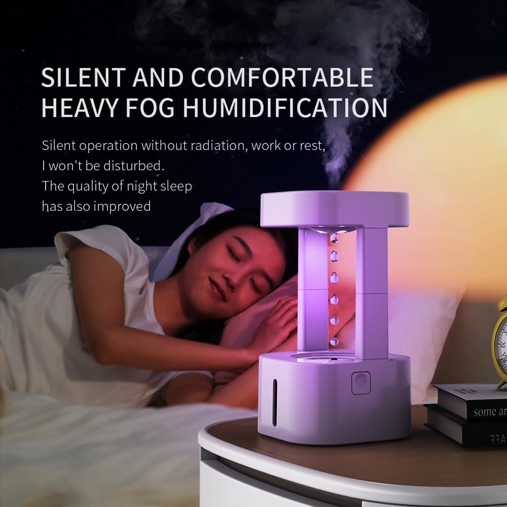 580ml Anti-Gravity Water Drop Humidifier – Desk Humidifier with LED Lights & Remote, Raindrop Desktop Fountain with Relaxing Water Sound for Home & Office