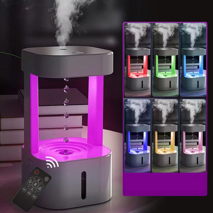 580ml Anti-Gravity Water Drop Humidifier – Desk Humidifier with LED Lights & Remote, Raindrop Desktop Fountain with Relaxing Water Sound for Home & Office