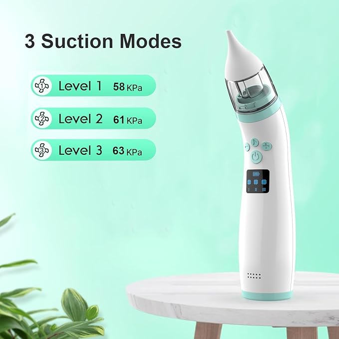 Electric Nasal Aspirator for Babies – Portable Automatic Nose Cleaner with Adjustable 3-Level Suction, Anti-Backflow Design, 2 Soft Silicone Tips, Soothing Music & Light – Baby Nose Sucker