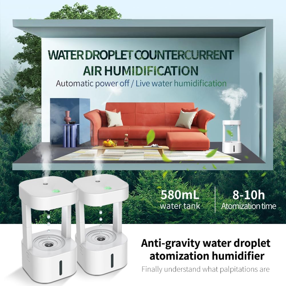 580ml Anti-Gravity Water Drop Humidifier – Desk Humidifier with LED Lights & Remote, Raindrop Desktop Fountain with Relaxing Water Sound for Home & Office