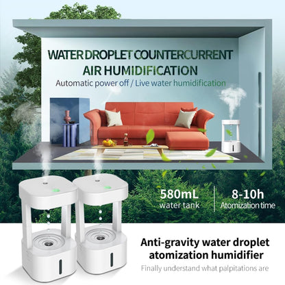 580ml Anti-Gravity Water Drop Humidifier – Desk Humidifier with LED Lights & Remote, Raindrop Desktop Fountain with Relaxing Water Sound for Home & Office