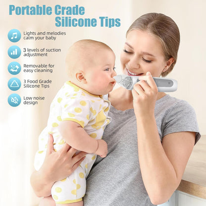Nasal Aspirator Baby Electric, Baby Nose Sucker, Baby Nose Cleaner with 3 Silicone Tips & 3 Suction Levels, Soothing Function with Music and Light, Anti-Backflow Nasal Aspirator for Baby,Toddler