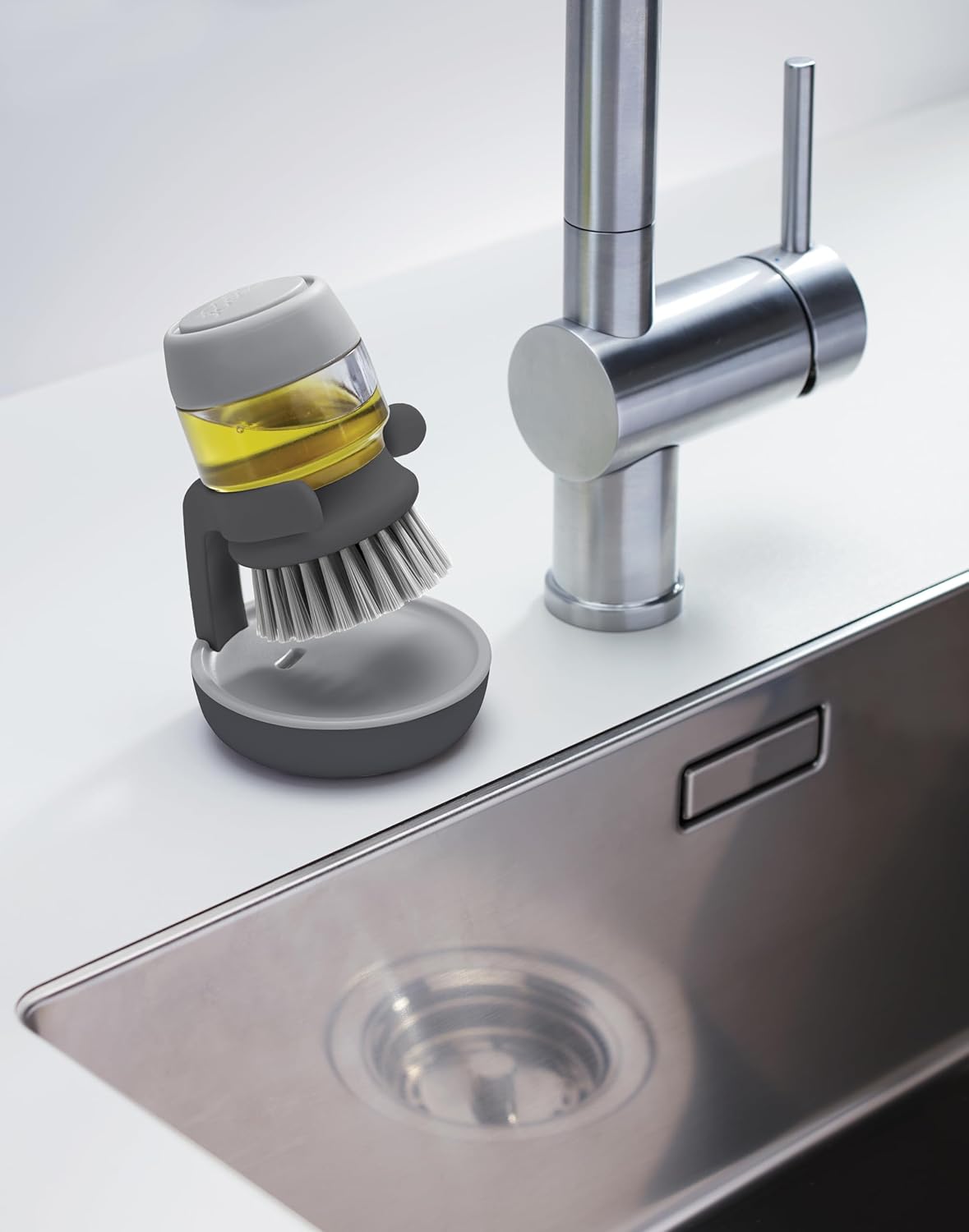 Palm Scrub Refillable Soap Dispensing Kitchen Cleaning Brush with Storage Stand Holder – Grey