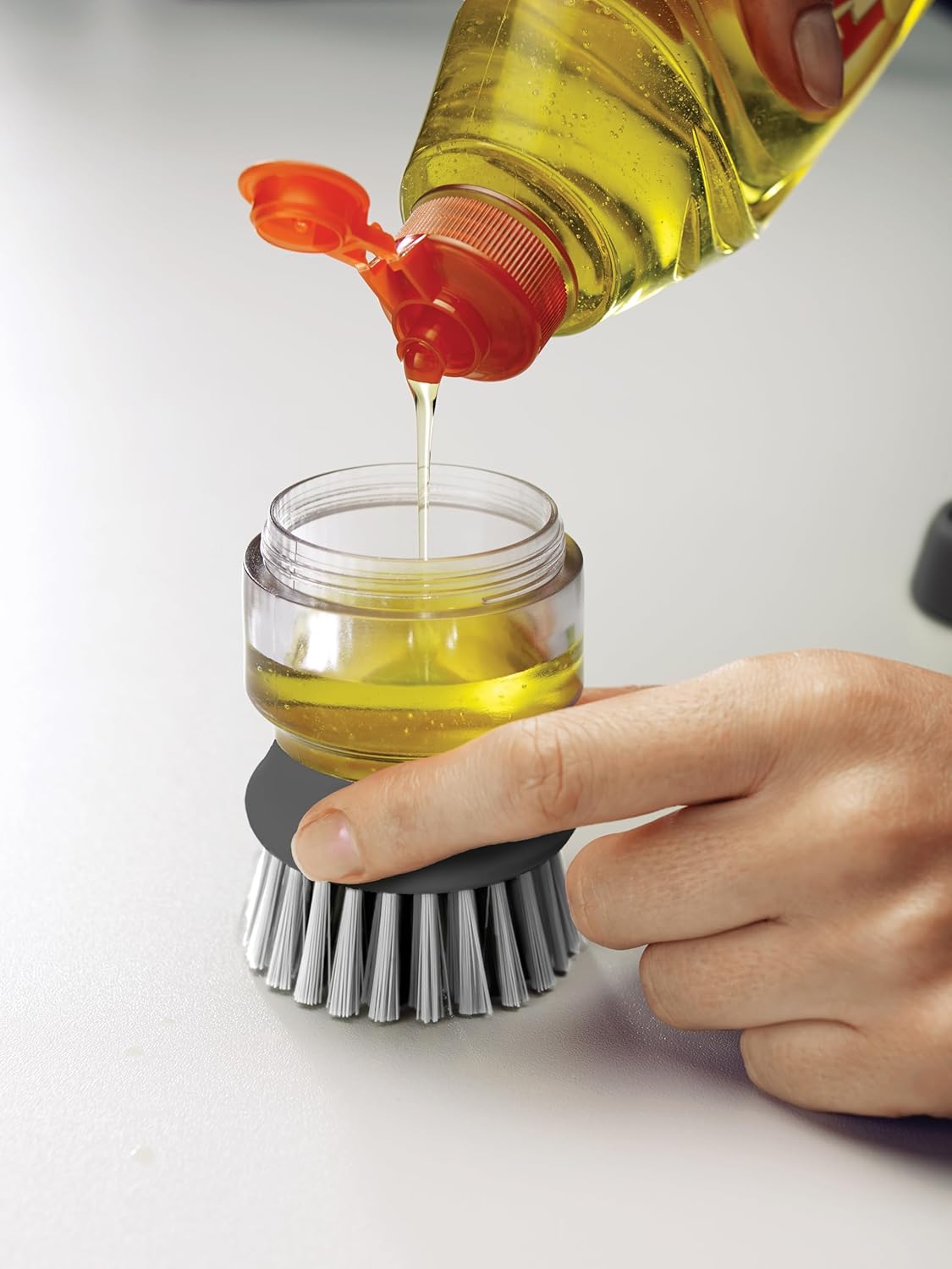 Palm Scrub Refillable Soap Dispensing Kitchen Cleaning Brush with Storage Stand Holder – Grey