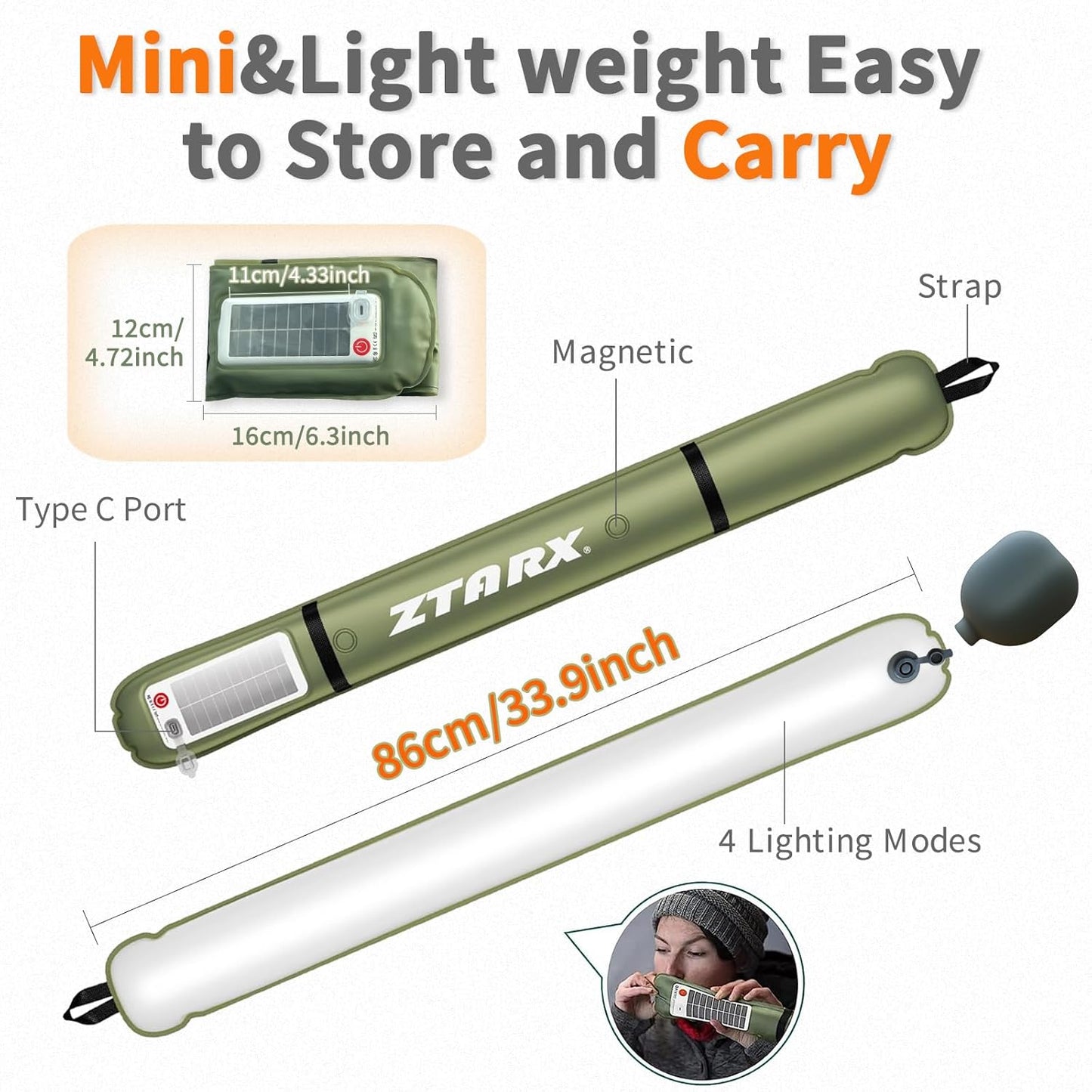 "Inflatable Solar Camping Lantern – USB Rechargeable Tent Light, 4 Lighting Modes, IP66 Waterproof, Portable & Lightweight Outdoor Lantern