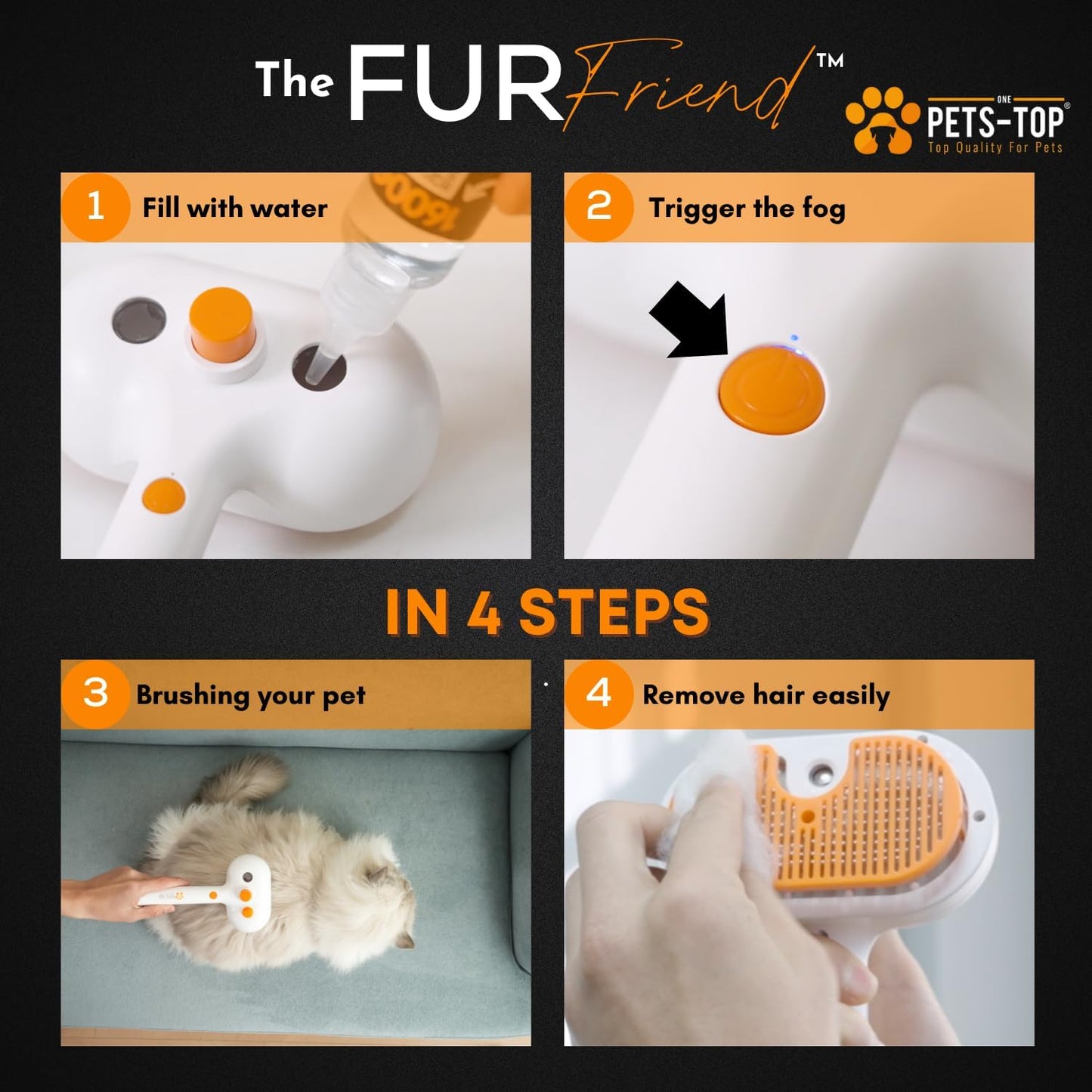 3-in-1 Cat Spray Brush with Built-In Water Tank – Anti-Static Steam Grooming Brush with One-Button Self-Cleaning for Long & Short Hair Cats