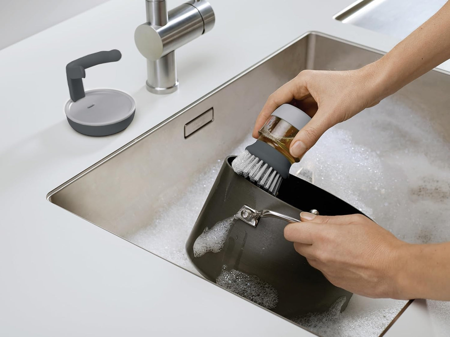 Palm Scrub Refillable Soap Dispensing Kitchen Cleaning Brush with Storage Stand Holder – Grey