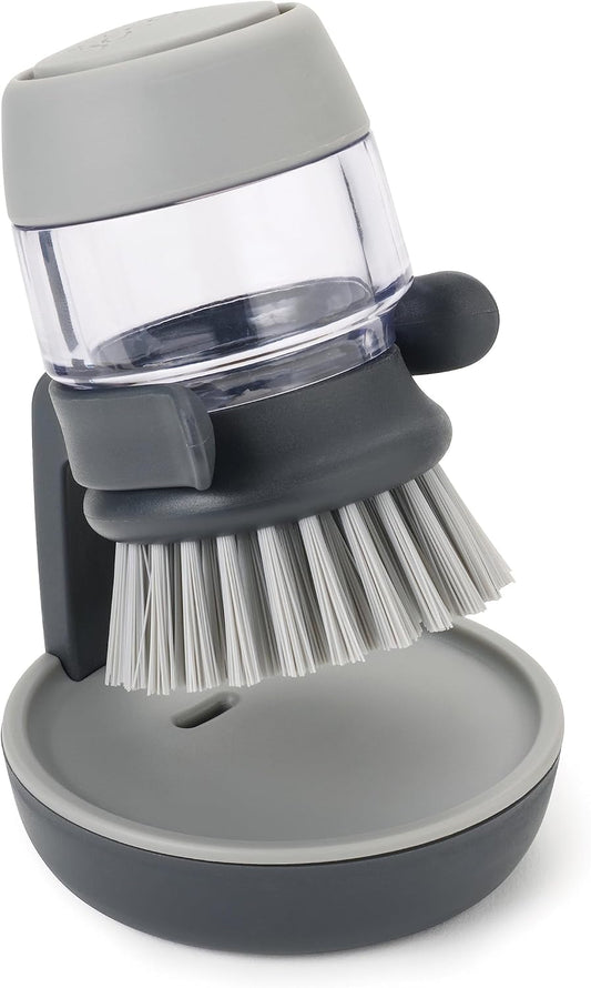 Palm Scrub Refillable Soap Dispensing Kitchen Cleaning Brush with Storage Stand Holder – Grey